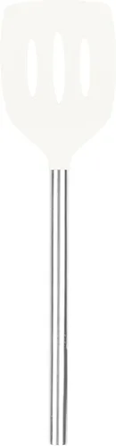 Vista 15 de Tovolo Espátula de silicona ranurada con mango ranurado de acero inoxidable de 10 pulgadas, color naranja albaricoque, resistente al calor,