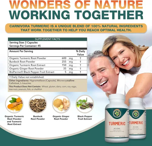 Vista 3 de Carnivora Cúrcuma - Apoyo para las articulaciones y la salud digestiva (90 cápsulas veganas)