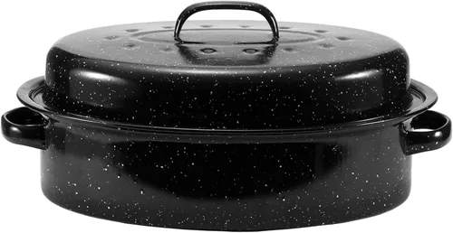 Vista 12 de JY COOKMENT Sartén para asar granito, pequeña sartén esmaltada de 13 pulgadas con tapa abovedada. Olla ovalada para pavo, sartén para asar, ideal