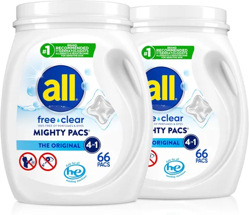 Vista 9 de All Mighty Pacs Detergente para Ropa, Sin Fragancia Sin Colorantes para Piel Sensible, Envase, 60