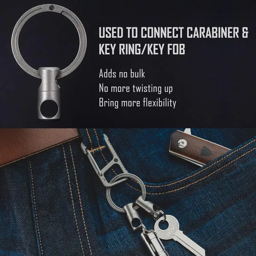 Vista 6 de KeyUnity KA31SW Mini Split Key Ring Quick Release Key Organize, KA07 Titanium Swivel Keyring Connetor & KM08 Titanium Carabiner Keychain Clip Bundle