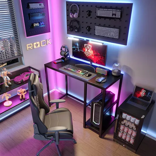 Vista 2 de SINPAID Escritorio para juegos de 40 pulgadas con estantes, escritorio negro para PC, escritorio de computadora pequeño, mesa de juegos moderna