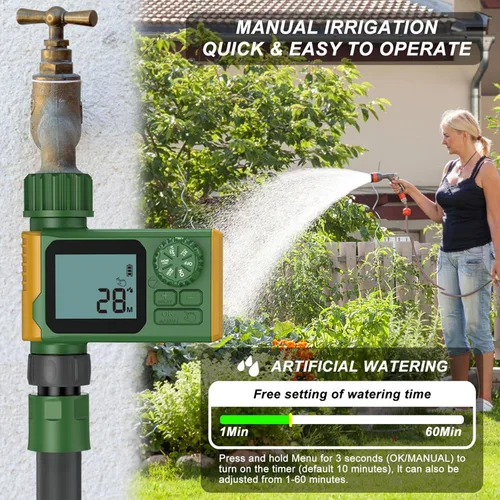 Vista 3 de Temporizador de manguera de jardín programable automático, temporizador digital de agua con pantalla LCD, retardo de lluvia y modos manuales