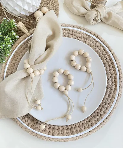 Vista 6 de Servilletero hecho a mano con cuentas de madera y cordel de yute, soporte para servilleteros de madera rústica asequible para decoración de mesa