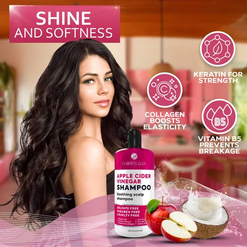 Vista 5 de Champú de Vinagre de Sidra de Manzana - Sin Sulfatos, Parabenos y Silicona, Producto Anticaspa para Mujeres y Hombres - Fórmula Profundamente