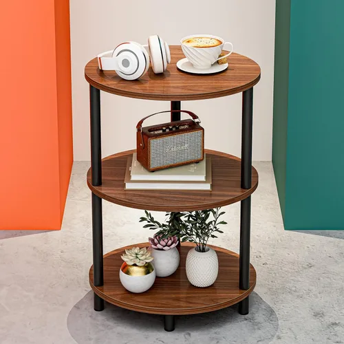 Vista 14 de Mesa auxiliar redonda pequeña, mesa decorativa ovalada de 3 niveles para espacios pequeños, mesa auxiliar de sofá de madera rústica y metal, mesita