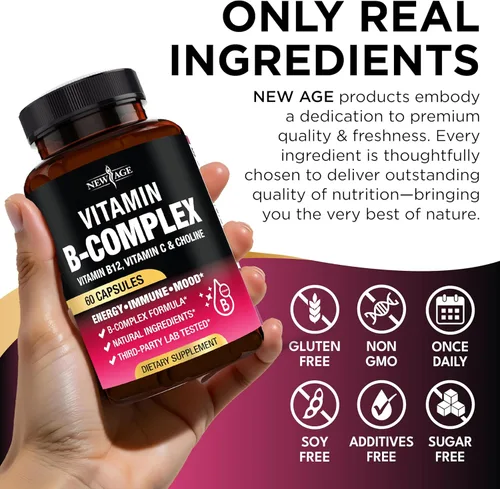 Vista 6 de Complejo de vitamina B para hombres y mujeres - Hecho en Estados Unidos - Complejo B: B1, B2, B3, B5, B6, B7, B8, B9, B12 con vitamina C, colina