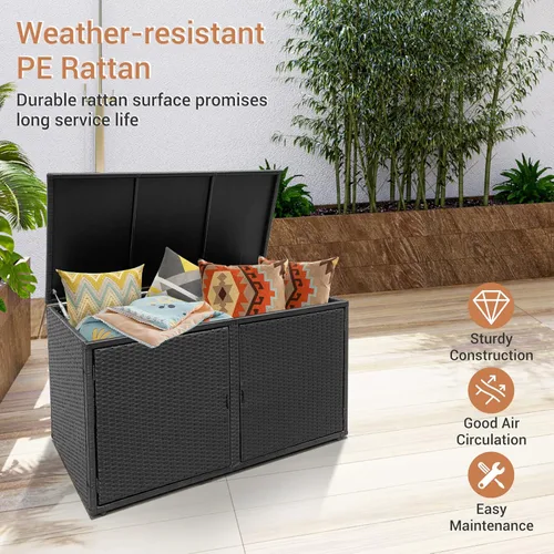 Vista 6 de Giantex Caja de mimbre para exteriores e interiores, banco de almacenamiento de mimbre de 88 galones con estante de almacenamiento separado, puerta