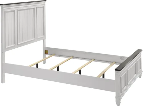 Vista 10 de Clelane - Juego de dormitorio de madera con cama Queen con panel Shiplap, tocador, espejo, mesita de noche y cofre en blanco desgastado y gris oscuro