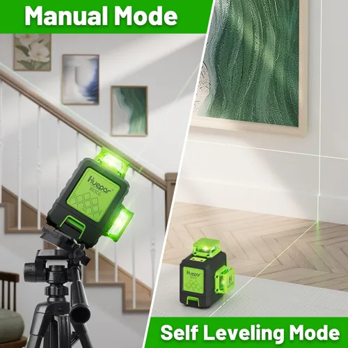 Vista 2 de Nivel láser 360 autonivelante con trípode de 47 pulgadas, Huepar 3 x 360° de alto brillo verde herramienta niveladora láser para construcción