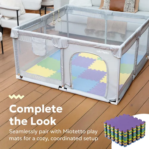 Vista 9 de MioTetto Corralito para bebés de 50 x 50 pulgadas, corralito portátil, corralito para bebés y niños pequeños con puerta y malla transpirable, patio