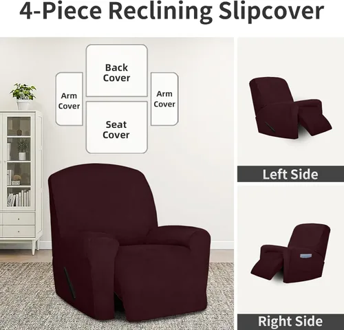 Vista 3 de Easy-Going Funda de terciopelo para silla reclinable, 4 piezas, fundas suaves y gruesas para sofá reclinable con parte inferior elástica