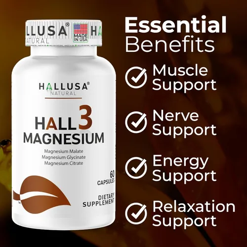 Vista 2 de HALL3 Magnesio x 60 Cápsulas – Complejo Triple Magnesio: Citrato, Glicinato y Malato – Suplemento dietético para el músculo – Función nerviosa