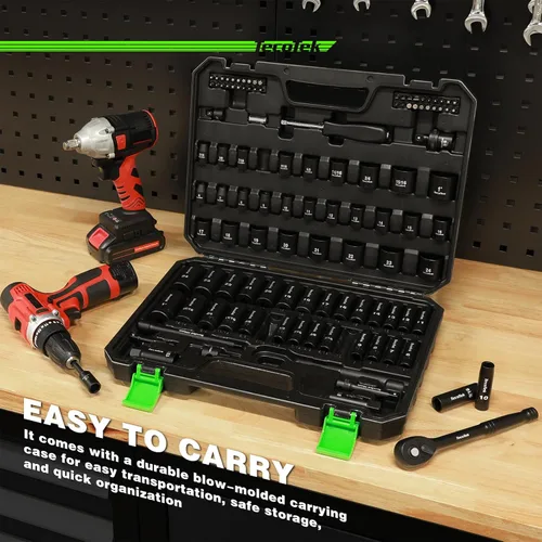 Vista 8 de TecoTek Juego de llaves de impacto de 3/8 pulgadas, 109 piezas, SAE (5/16"-1") y métrico (6mm-24mm), profundo y poco profundo, 6 puntos