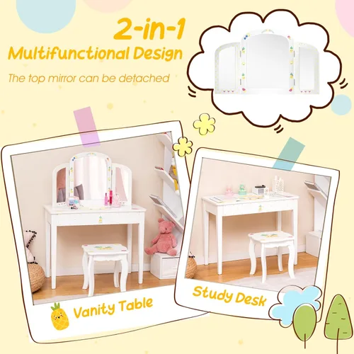 Vista 4 de Costzon Vanity - Juego de tocador para niñas con espejo plegable de tres piezas, taburete, cajón de almacenamiento, tocador de maquillaje