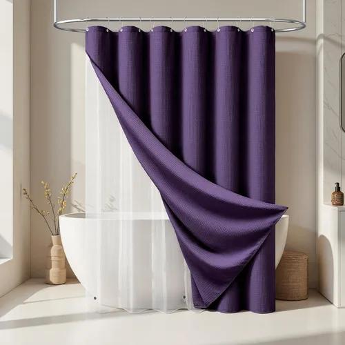 Vista 124 de Cortina de ducha de tela Dynamene verde oscuro - Cortinas de baño de tela de nido de abeja texturizadas resistentes, juego de cortinas de baño