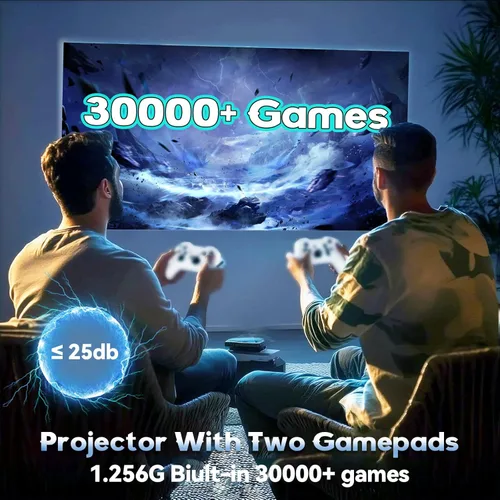 Vista 5 de Proyector y juego P30 Max con 2 controladores inalámbricos, consola de videojuegos con juegos retro, más de 15000 juegos, 4k Smart Plus HD Auto
