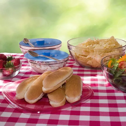 Vista 7 de Juego de 5 tapas de silicona azules con ventosa reutilizables para tazones, ollas, tazas. Apto para alimentos. Agarre natural, asas entrelazadas