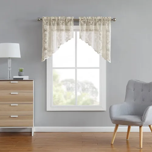 Vista 6 de Cortinas de encaje LinenZone para cocina. Tratamiento para ventana de cocina o ventana pequeña. Las capas de café se pueden combinar con swags