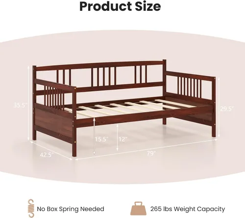 Vista 2 de Giantex - Marco de cama doble de día, sofá cama de madera con rieles y soporte de listones de madera, marco de cama de plataforma tamaño individual