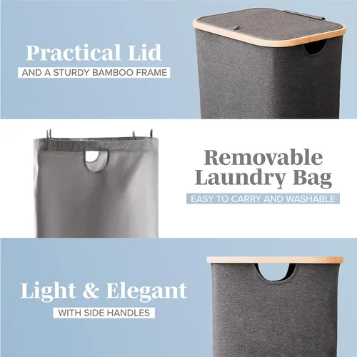 Vista 4 de Cesta de lavandería gris con tapa – XL 100 L – Cestas grandes para lavandería con asas – Contenedor alto de bambú para ropa sucia Cesta de papel