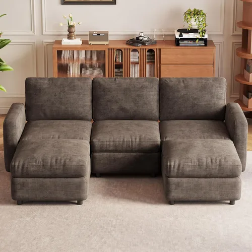 Vista 136 de Guyii Sofá modular de terciopelo, moderno sofá de 4 plazas de gran tamaño con 3 almohadas y reposapiés de almacenamiento, sofá convertible de 115.74