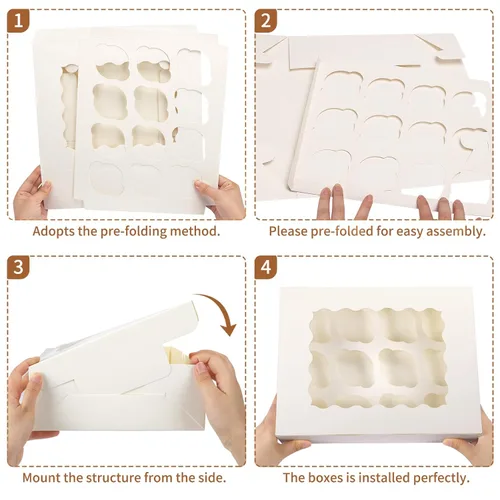 Vista 3 de TOMNK 20 cajas para magdalenas, Cajas para cupcakes de 12 unidades, contenedores blancos de 13 x 10 x 3.5 pulgadas para panadería con ventanas e