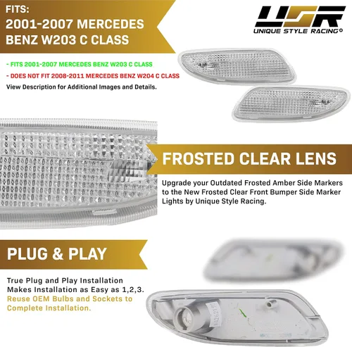 Vista 4 de USR DEPO 01-07 W203 Clase C - Juego de luces laterales transparentes para parachoques (izquierda + derecha) compatible con Mercedes Benz W203 Clase