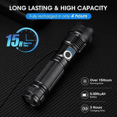 Vista 3 de Kmivo Linternas recargables LED de alto lumen - Paquete de 4, 90,000 lúmenes súper brillantes, linterna potente ajustable con 5 modos, linterna