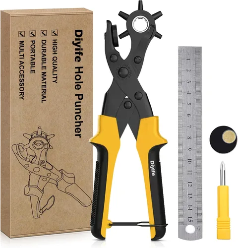 Vista 8 de Diyife® Perforadora de cuero, perforadora para cinturón resistente, kit de alicates giratorios con aguja de molienda extra, placas de perforación