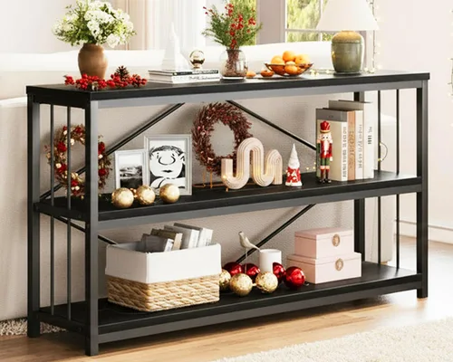 Vista 14 de LVB Mesa consola industrial, mesa de sofá de metal y madera, mesa de entrada rústica con almacenamiento, moderno estante de 3 niveles mesa larga