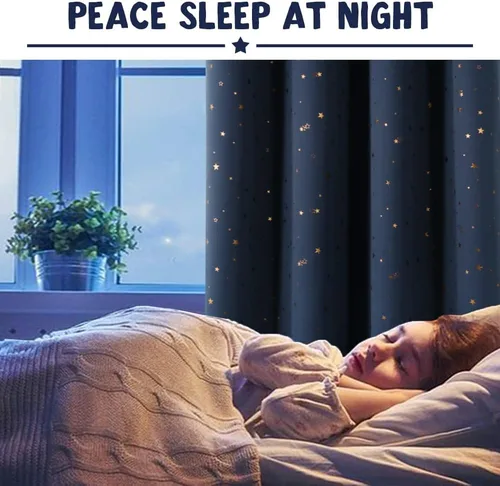 Vista 8 de PrinceDeco Cortinas Opacas para Niños para Dormitorio con Aislamiento Térmico Cortinas de Estrellas Centelleantes de Bronce para Niños con Ojales