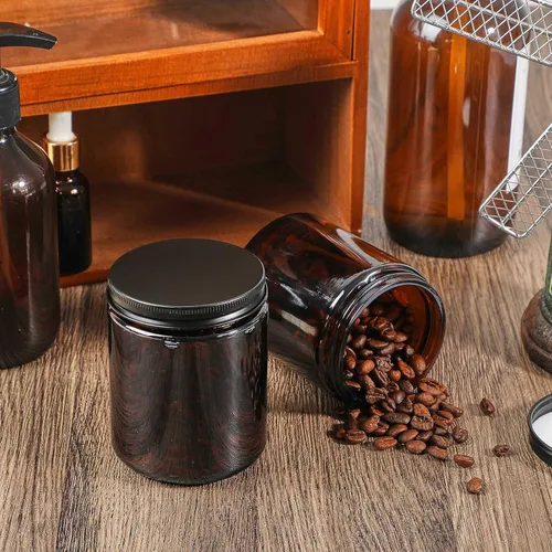 Vista 6 de Lallisa 48 tarros de vidrio ámbar de 8 onzas con tapas negras, tarros redondos de vidrio para cosméticos con tapas, recipientes de ámbar vacíos