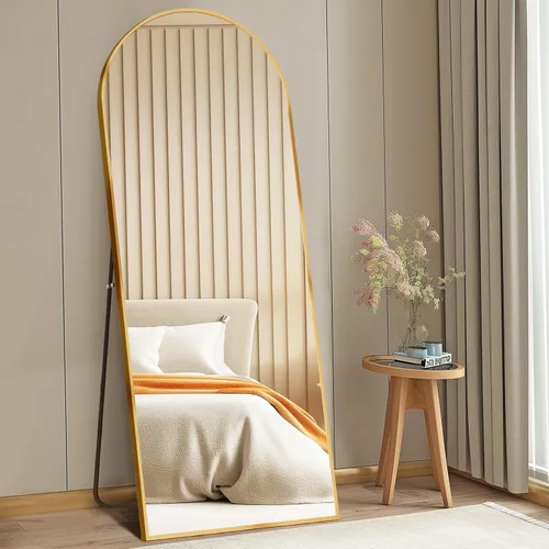 Vista 30 de DUMOS - Espejo de pie arqueado de cuerpo completo con soporte, marco de aluminio, para colgar o apoyar, nanocristal inastillable, para decorar