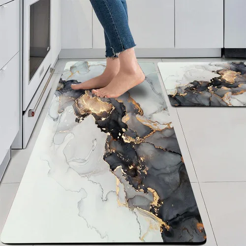 Vista 9 de Mrcrypos Tapete de cocina pequeño con diseño de mármol de oro blanco para piso, tapete de cocina de cuero de PVC, impermeable, acolchado
