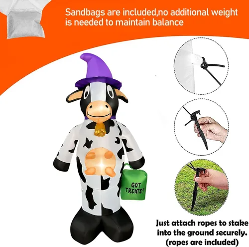 Vista 5 de Decoración inflable de vaca de Halloween de 4 pies con luz LED, decoración inflable de Halloween al aire libre para fiesta de Halloween
