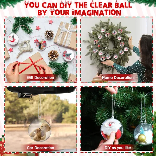 Vista 6 de Macarrie 60 bolas de adornos de Navidad de 3.15 pulgadas / 3.150 in, adornos de plástico transparente rellenables para manualidades, esferas