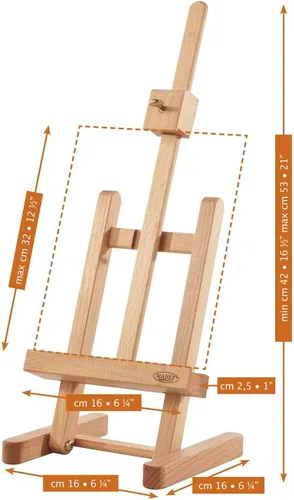 Vista 2 de Mabef Caballete de mesa M/16, caballete de escritorio en miniatura de madera de haya engrasada con altura y ángulo de lona ajustables, peso ligero