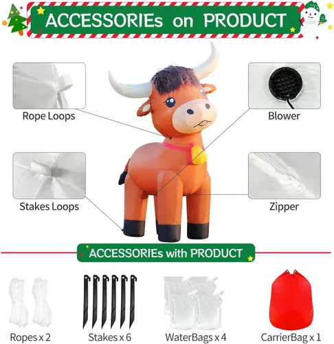 Vista 6 de DomKom Inflables de vaca de las tierras altas de 6 pies, Navidad, primavera, rancho de granja, animales inflables lindos terneros de ganado