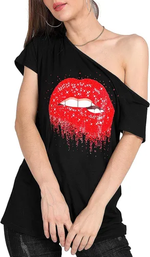 Vista 86 de MAGICMK - Camiseta casual para mujer, con estampado de labios y hombro descubierto, talla extragrande