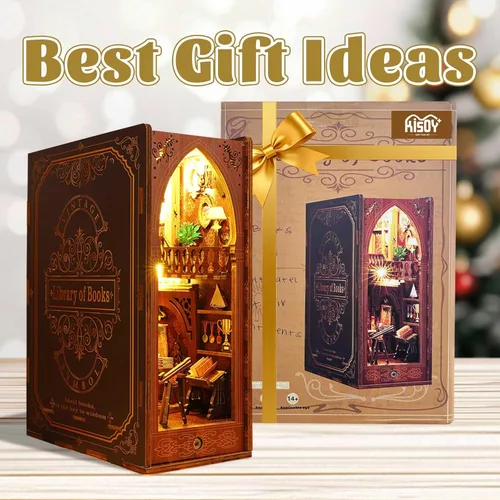 Vista 4 de Kisoy Kit de rincón de libros, rompecabezas de madera 3D, decoración de estantería, kit de casa en miniatura para adultos y adolescentes, mini casa