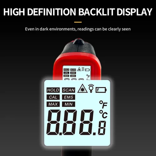 Vista 7 de Pistola termómetro digital infrarroja para cocinar, pistola de temperatura láser de -58 a 1112 °F con emisividad ajustable y máximo y mínimo