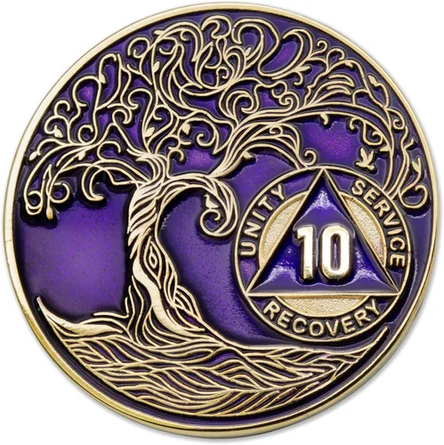 Vista 161 de 1 año Sobriety Mint Twisted Tree of Life Medallón de recuperación AA chapado en oro, chip/ficha - negro
