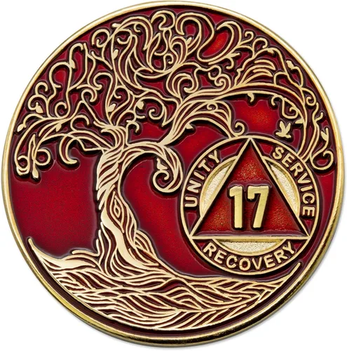 Vista 256 de 1 año Sobriety Mint Twisted Tree of Life Medallón de recuperación AA chapado en oro, chip/ficha - negro