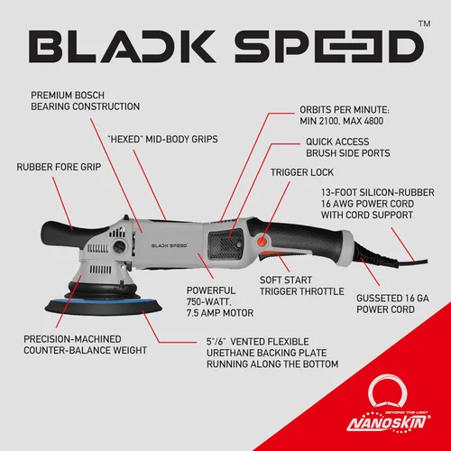 Vista 6 de Nanoskin Black Speed 21mm Long-Throw Random Orbital Polisher - 750W, 7.5-Amp Motor, BOSCH Bearing Construction, Vented Flexible Backing Plate For