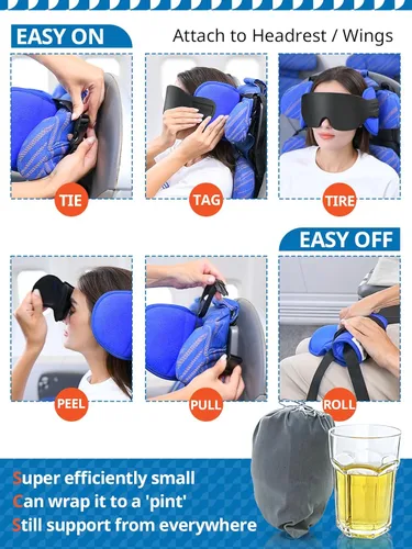 Vista 4 de Almohadas de viaje SARISUN para aviones, almohada de avión para vuelos largos, correa de cabeza para avión con máscara para los ojos para dormir