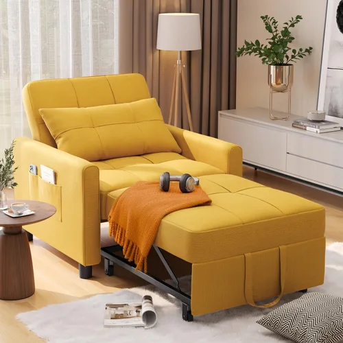 Vista 10 de Aiho - Silla de dormir convertible, sofá cama 3 en 1 con diseño ajustable, almohada y bolsillo - Cama plegable para apartamento (Beige)