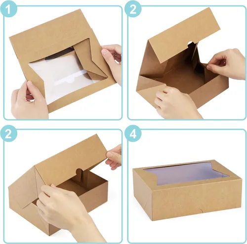 Vista 3 de Eupako Cajas de Galletas con Ventana 8x6x2.5 Pulgadas, 24 Piezas Cajas Auto-Popup Marrone para Panadería, Donas, Caramelos, Pastelería, Cupcakes