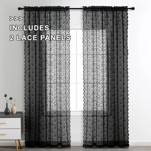 Vista 2 de FINECITY Cortinas de encaje de cocina de 45 pulgadas de largo, cortinas de encaje vintage con patrón floral rosa para ventana pequeña, cortinas