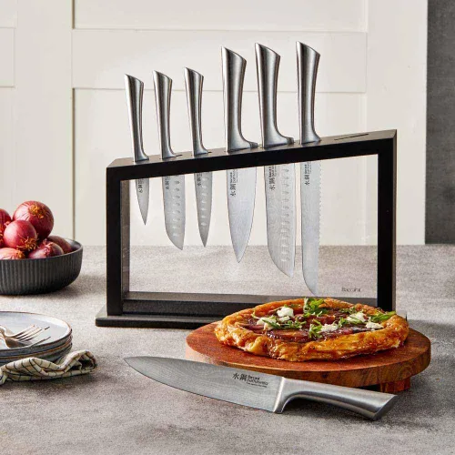 Vista 6 de Cuisine: pro Damashiro - Bloque de cuchillos Satori de 8 piezas, juego de cuchillos de acero japonés con bloque de cuchillos de madera de acacia